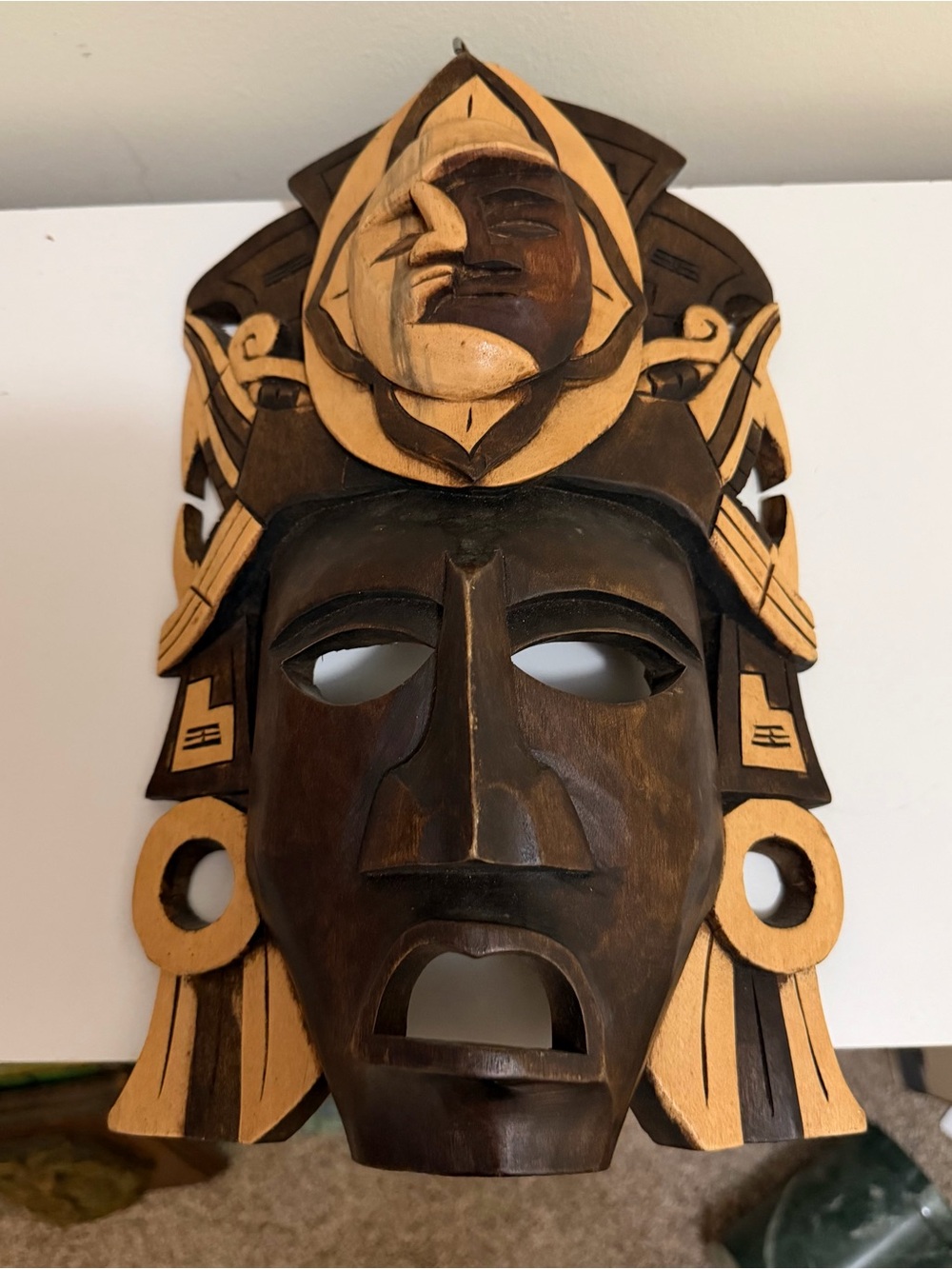 Vintage Hand Carved Hand Painted Mexican Aztec Mayan Wooden Mask Wall Art 9”x 7”